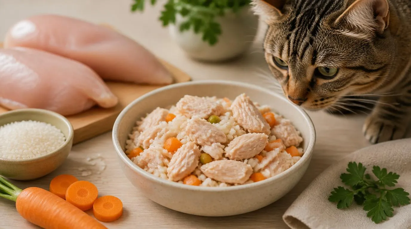 Homemade chicken and rice cat food